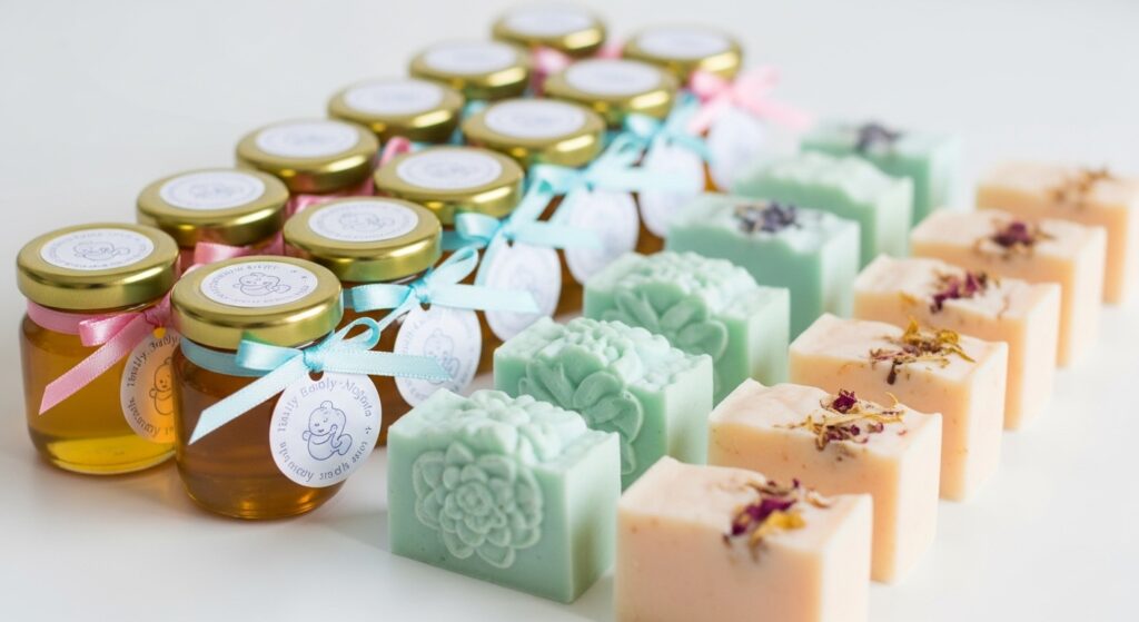 Baby shower gifts for guests like mini honey jars and handmade soaps