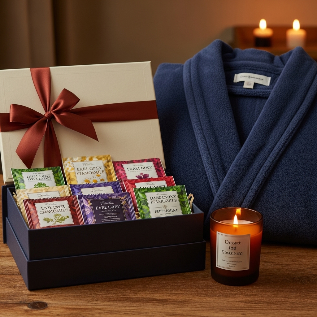 A birthday gift box filled with tea sachets, robe, and a candle]