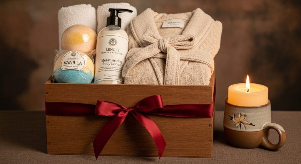 spa box with bath items, candle, and ribbon