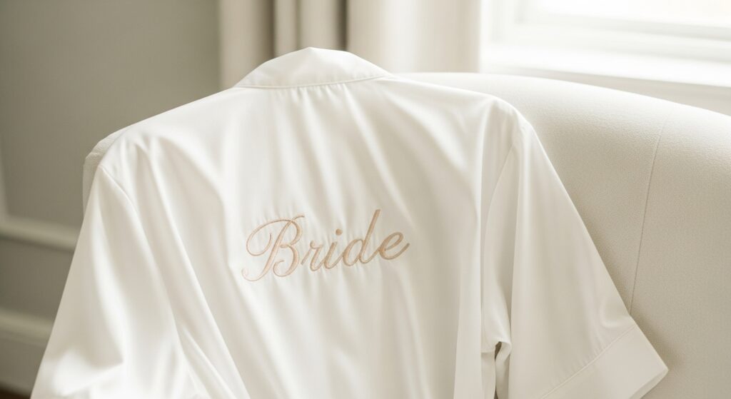 white personalized bridal robe with bride’s name on it
