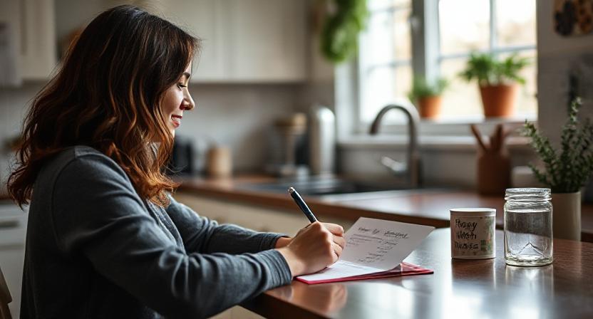 Wife writing a romantic birthday card to her husband at home.
