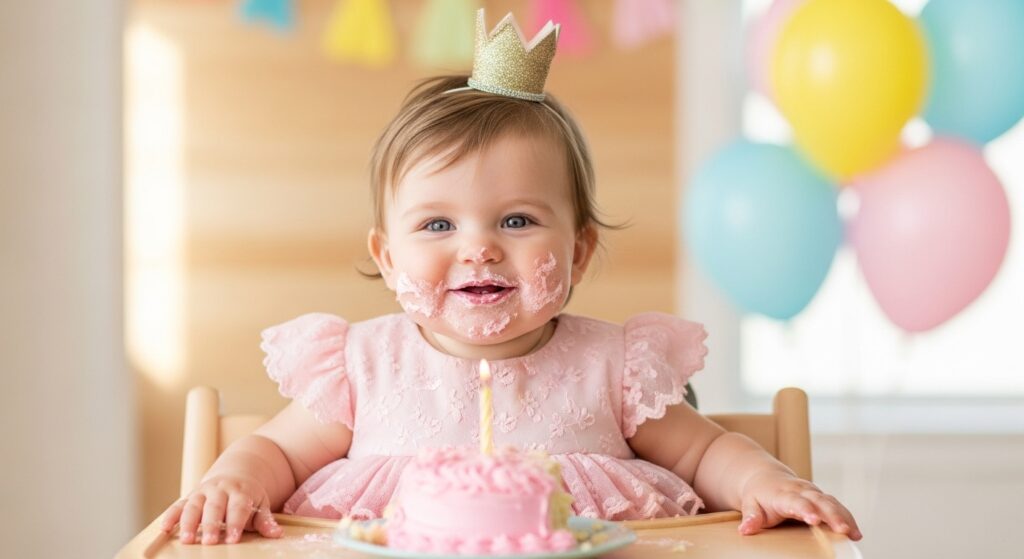  Baby girl smiling with cake on face during 1st birthday party.