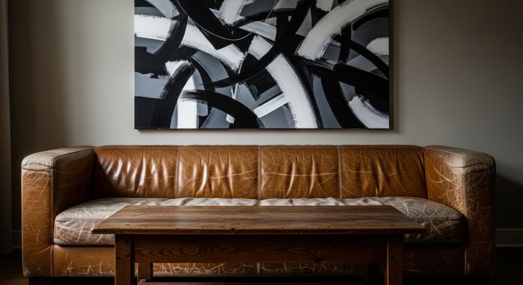  The living room with a masculine theme featuring moody black and white artwork hanging above a rugged leather couch.