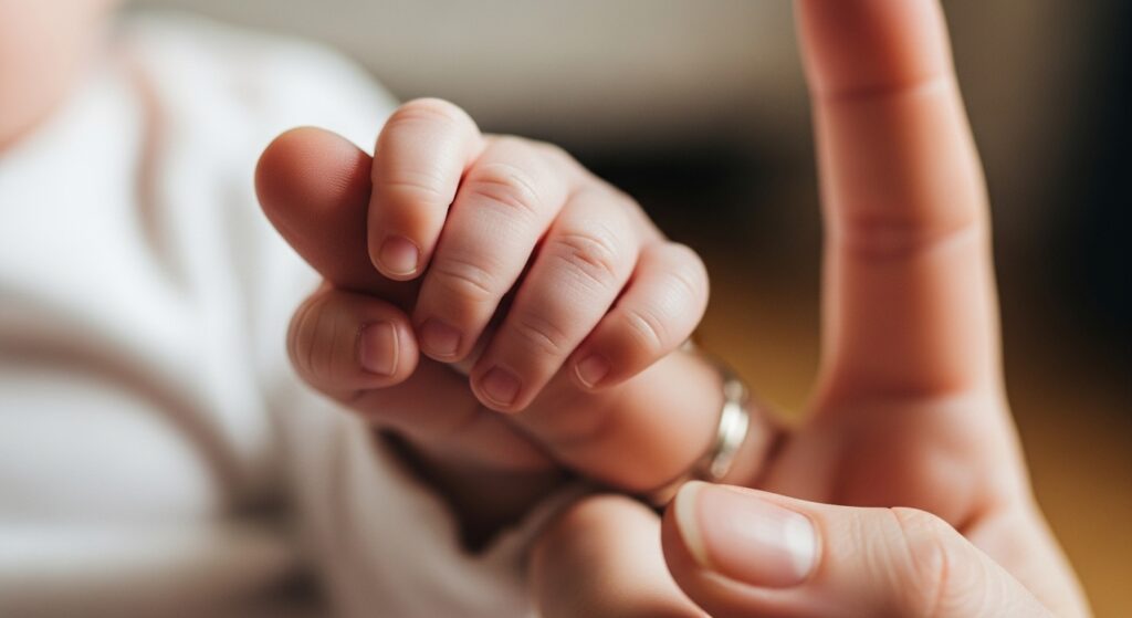 Baby girl holding mother’s hand on her first birthday.