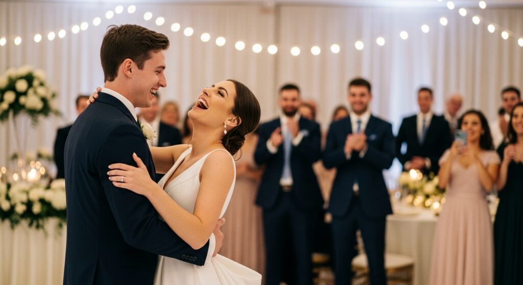 Bride and groom laughing during first wedding dance."