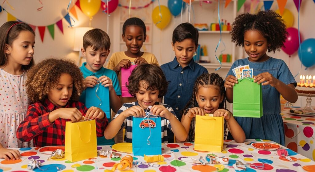 Excited children after a birthday party happily examining the contents of return gifts.