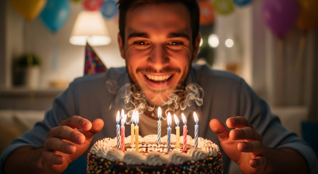 A guy grinning at the camera with a cake in front of him, candles halfway blown out.
