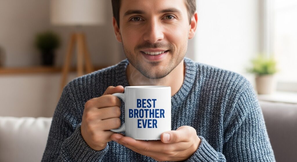 “man holding a coffee mug with best brother ever printed on it”)