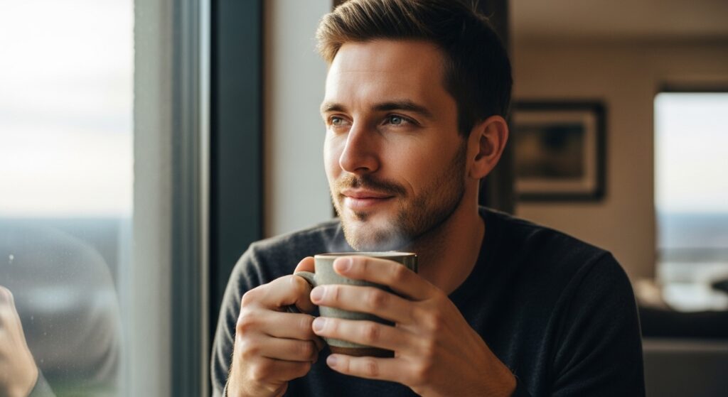  “Reflective birthday moment with coffee.”