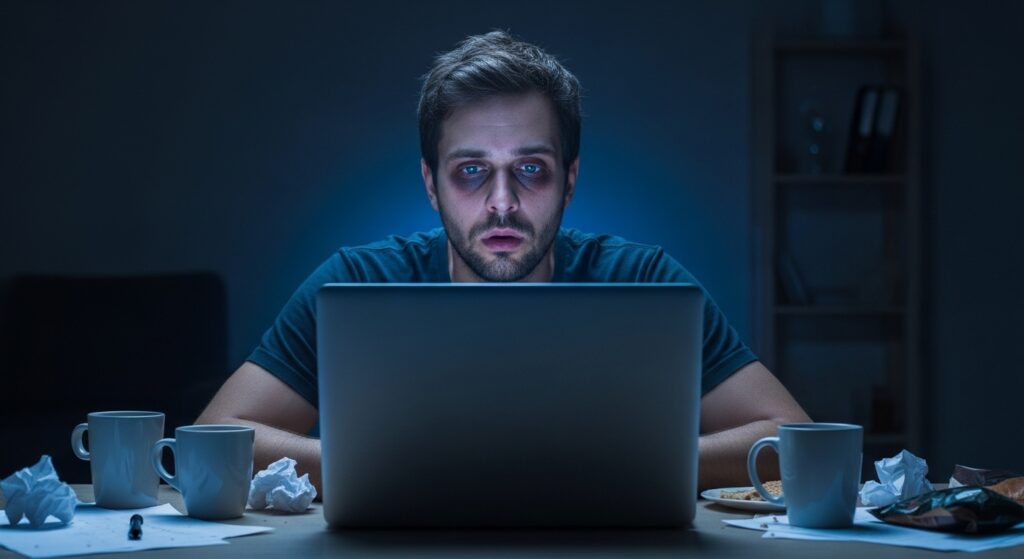 Man struggling with work at night representing success and persistence]