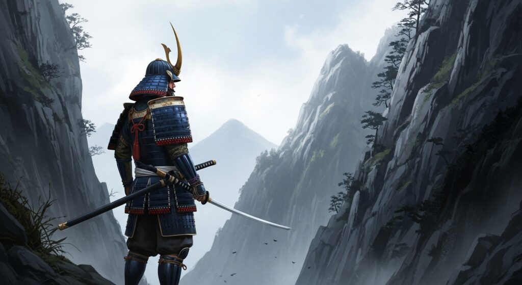  Musashi-style lone warrior facing a mountain path symbolizing life's journey.