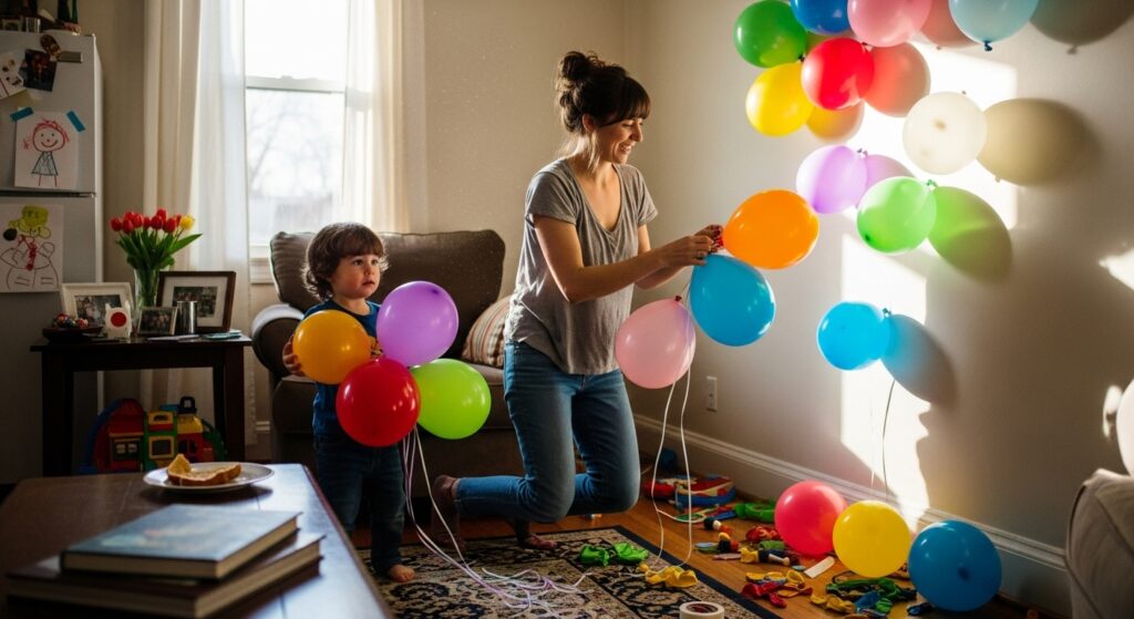 Mother and child decorating a living room wall with balloons for birthday.)