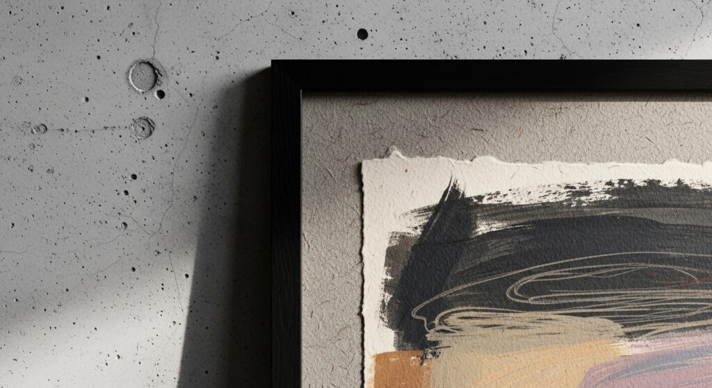  Industrial textures with matte-framed black and white wall art for a bold contrast.