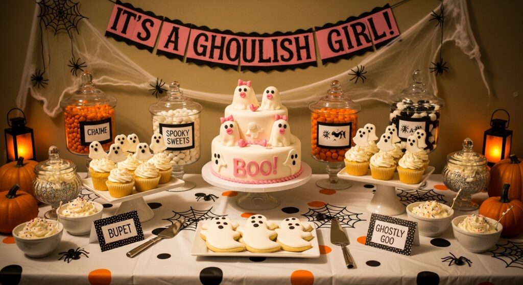 Cute ghost-themed dessert table at a Halloween baby shower
