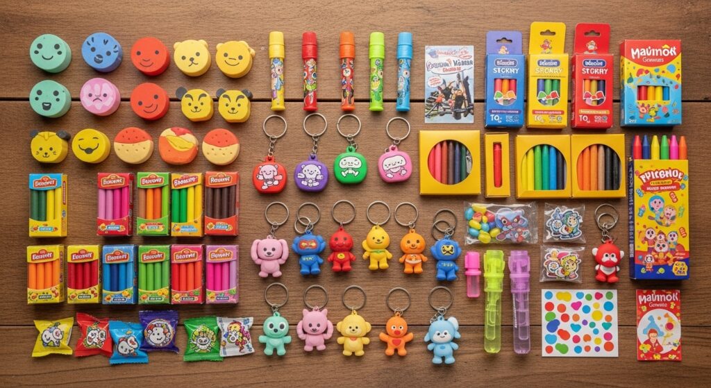 Image idea: Flat lay of colorful return gifts like erasers, crayons, and keychains spread on a wooden table. Alt text: Affordable kids return gifts under 50 rupees on display.