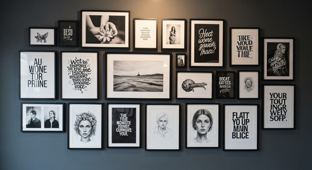 Masculine gallery wall with a mix of black and white artwork in clean frames.