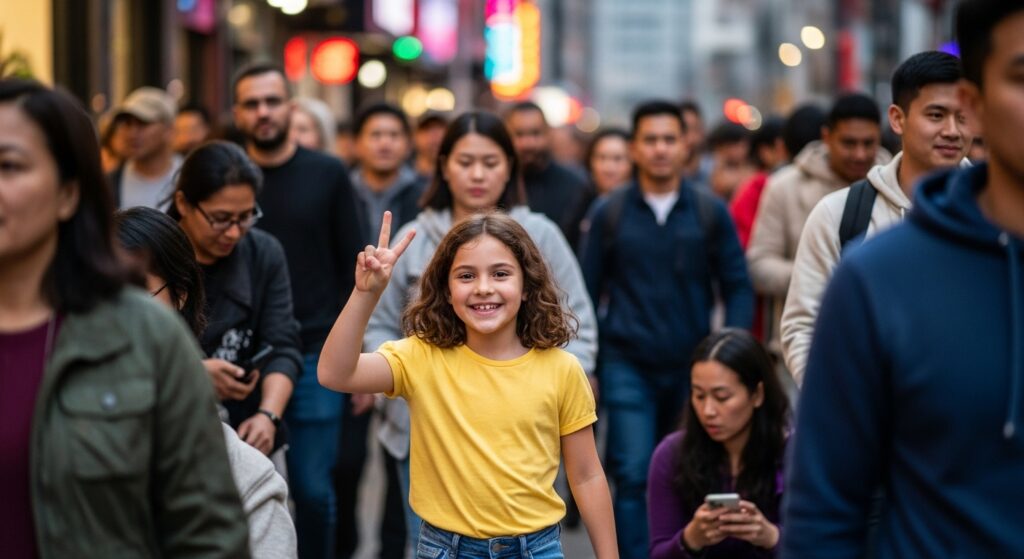 Woman holding peace symbol during community march.