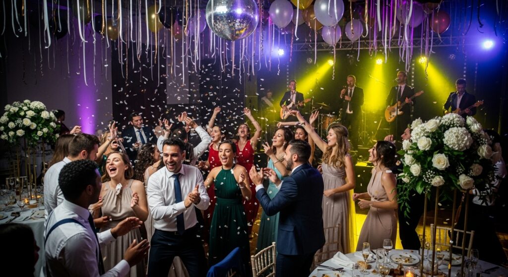 "Guests having fun dancing to upbeat wedding songs."