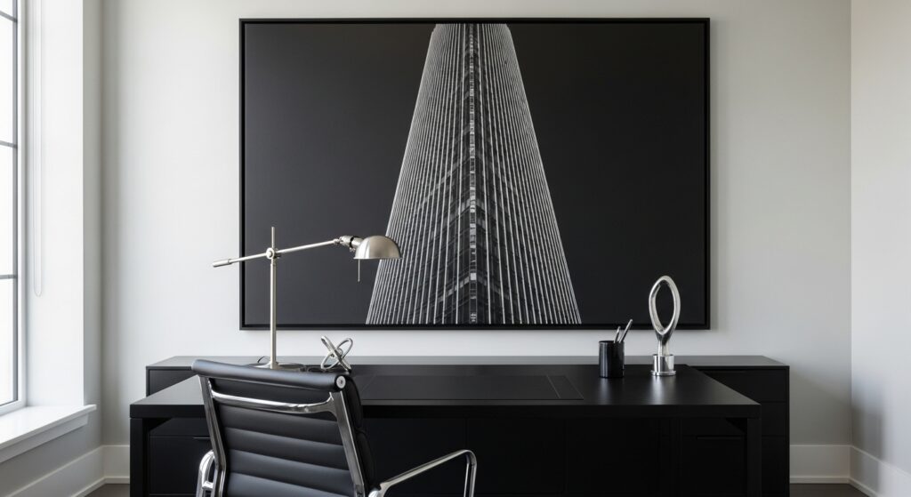  Black and white wall art in a masculine office space with metal and wood textures.