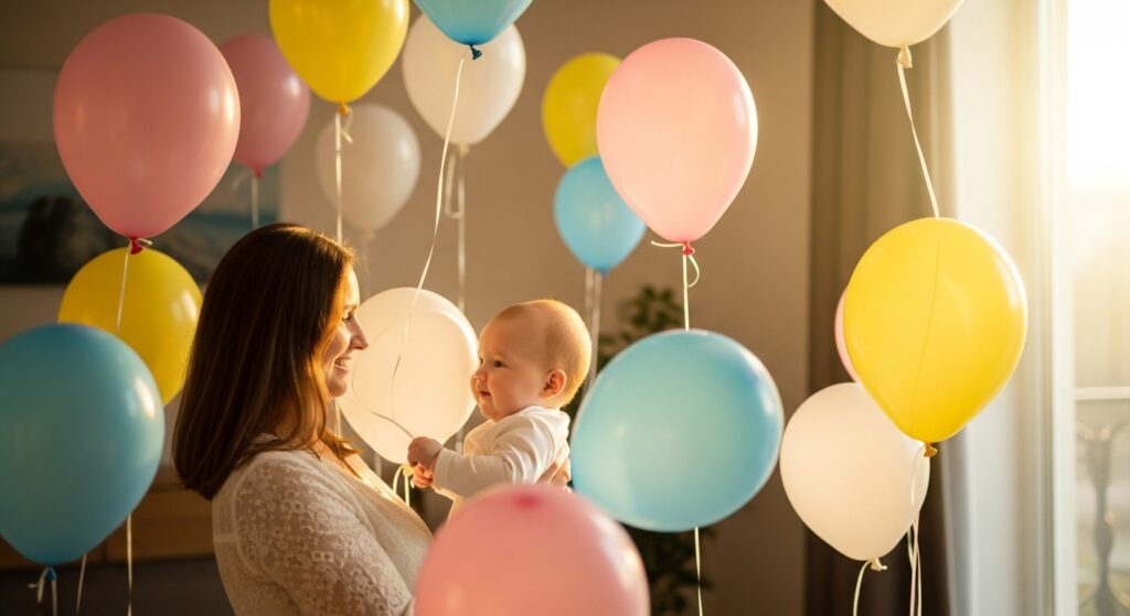 Mother hugging and kissing baby girl on her first birthday.