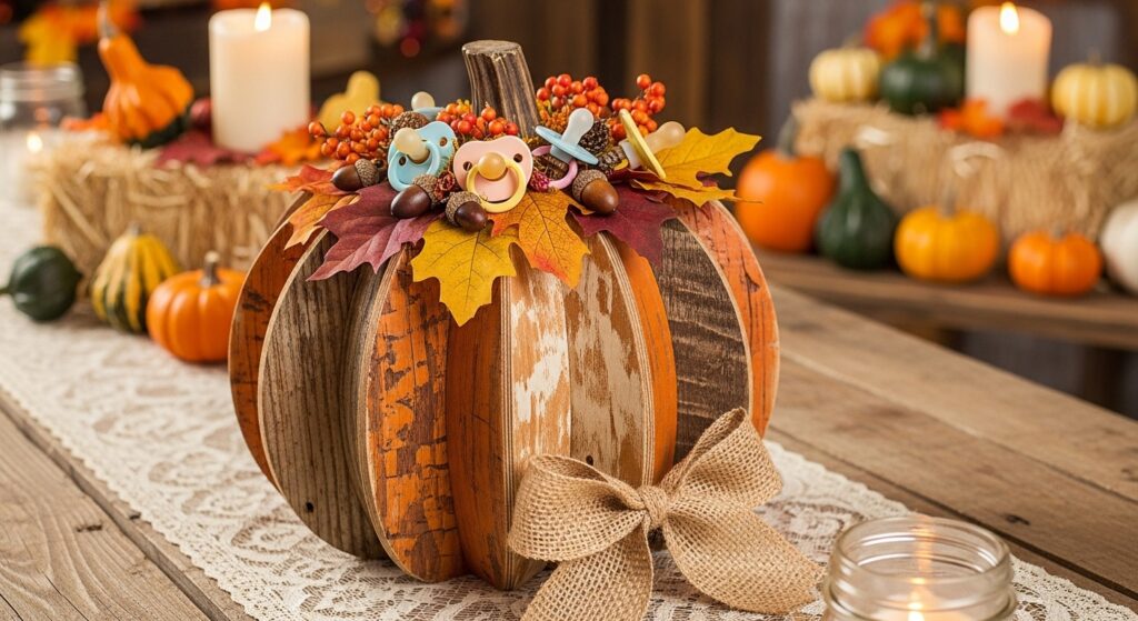 “Rustic pumpkin centerpiece with baby pacifier decoration for a fall-themed shower”