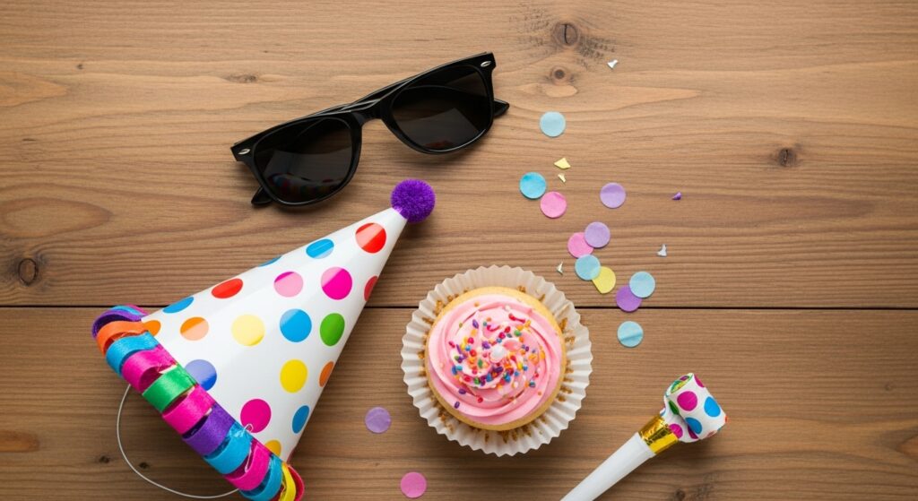 “Birthday items on a table.”