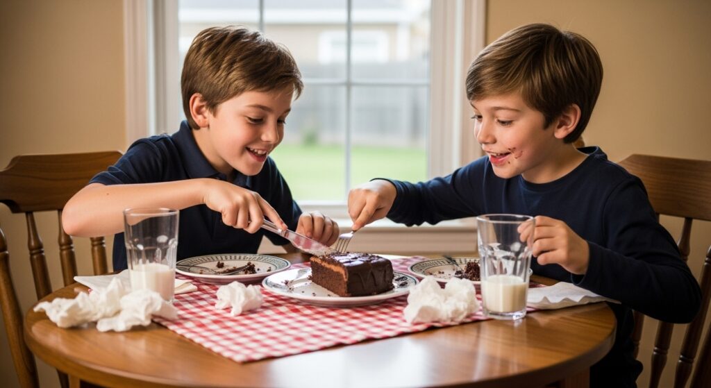 “elder brother serving cake to younger sibling during birthday”)