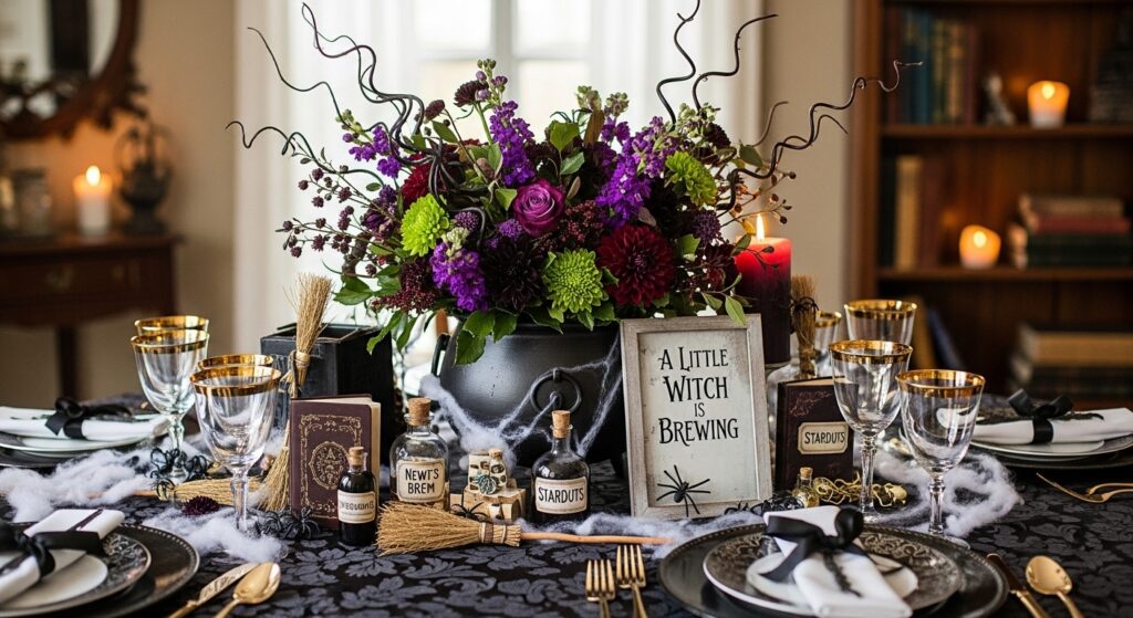 Vintage witch-themed baby shower table with cauldron floral arrangement