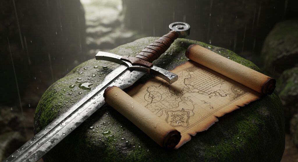 Samurai sword and Musashi's philosophy scroll close by