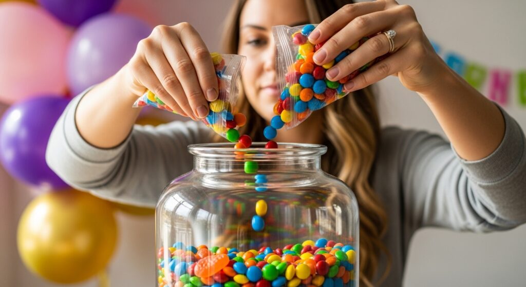 Woman creating DIY birthday decoration using jars and balloons at home.)