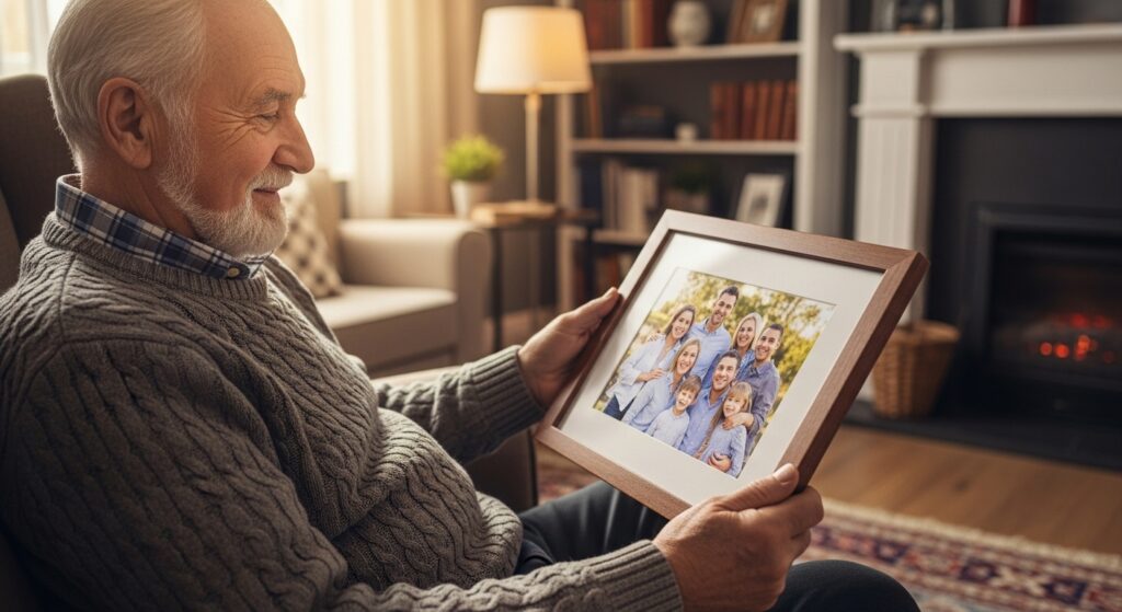 Senior man displaying a family photo gift.)