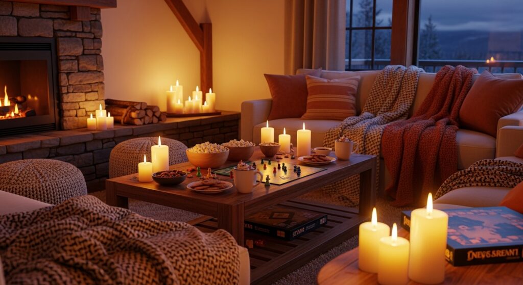 Image idea: A candlelit living room with blankets and snacks.Writer: “Romantic tech-free night box with candles, cozy blankets, and snacks.”
