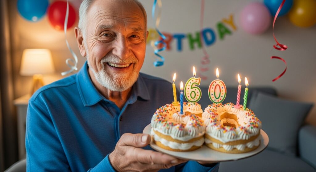 Happy man celebrating his 60th birthday with cake