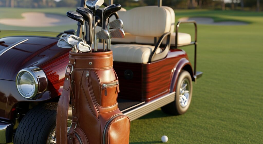 Luxury golf bag with clubs on course.