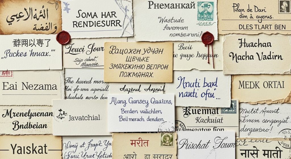 Cards with written 'best wishes' in various languages)