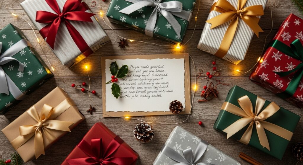 Christmas gift wrapping with warm holiday lights and card for her