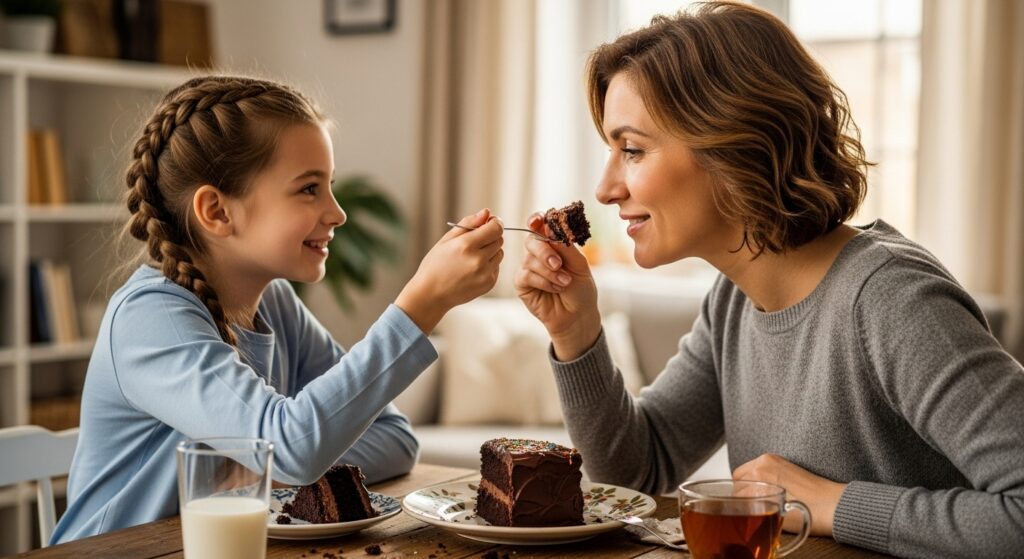 adult daughter feeding cake to her mother