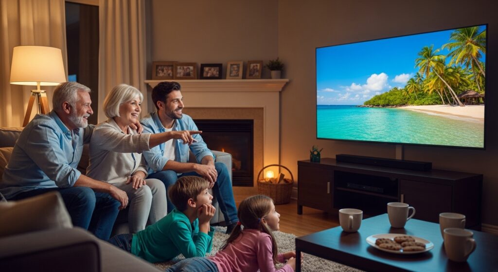 Family enjoying a recorded video message gift together.)