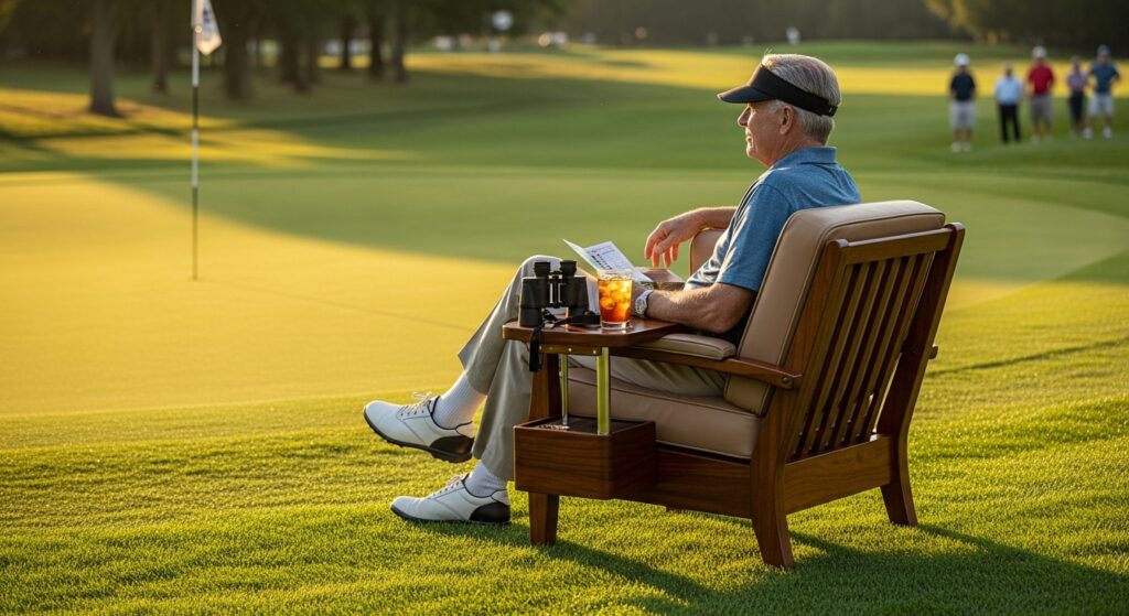 Comfortable golf spectator chair near course.”