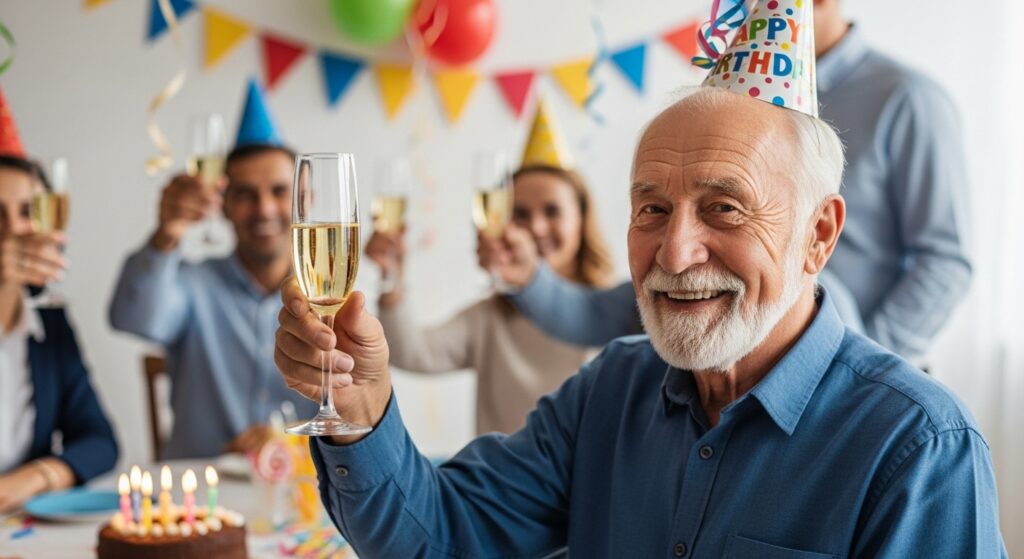 60-year-old man giving a toast at his birthday celebration