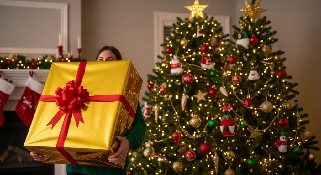 Man surprising her with big Christmas gift near holiday tree