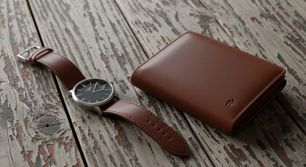 A sleek leather watch and wallet on a rustic wooden table. Alt tag: Luxury leather gifts for men