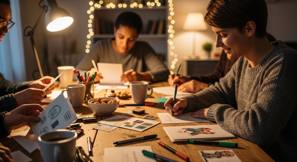 Friends writing best wishes in cards together)