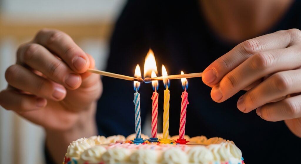 Hands lighting candles for sweet sixteen celebration.)