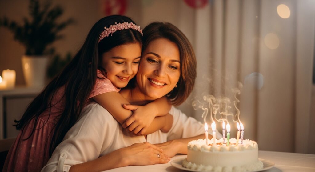 hugging mother and daughter at birthday party