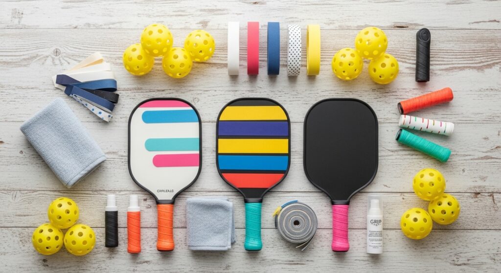 pickleball accessories laid out neatly on a table)