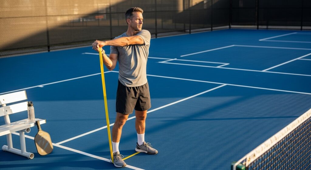 man warming up with resistance bands before playing pickleball)