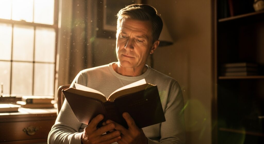 Man reading Bible for birthday inspiration.")
