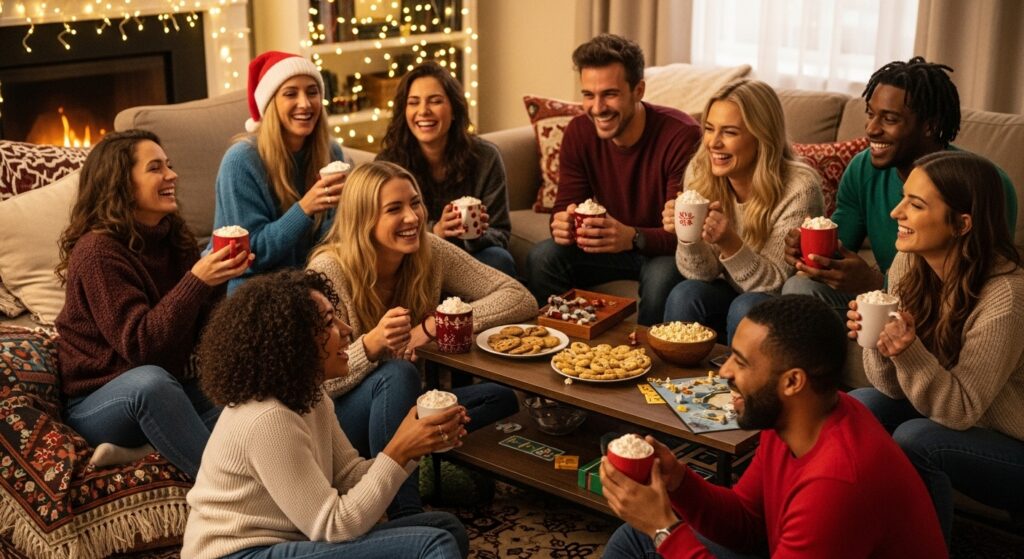 friends gathered at Christmas sharing laughs and warm drinks.)