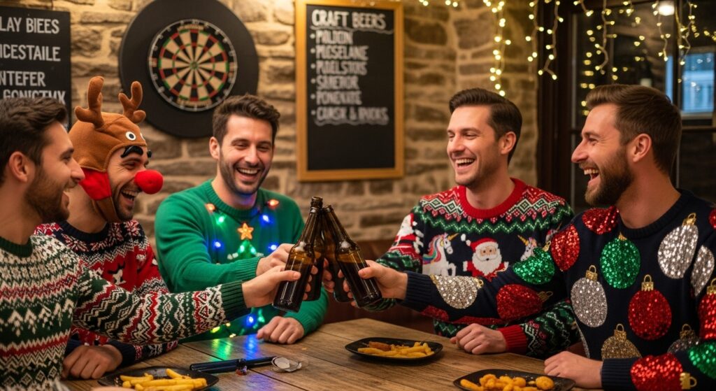 friends in silly sweaters celebrating Christmas together